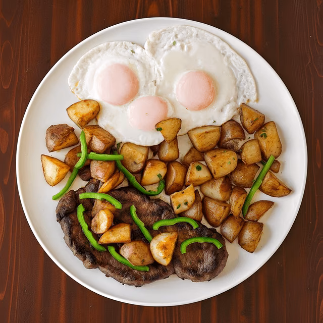 Two sunny-side-up eggs served with roasted potatoes, sautéed steak and green peppers on a white plate