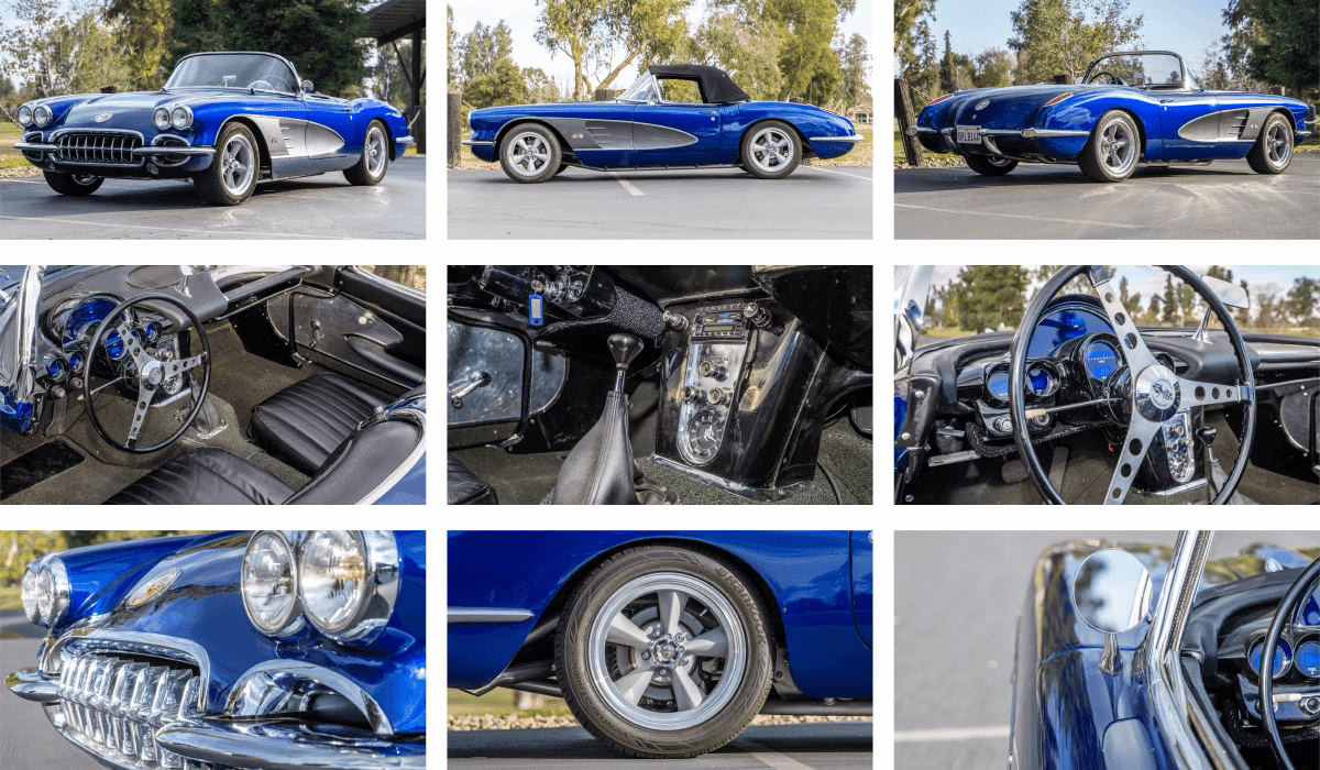 Photo grid of a blue 1960 Chevrolet Corvette showing exterior and interior details