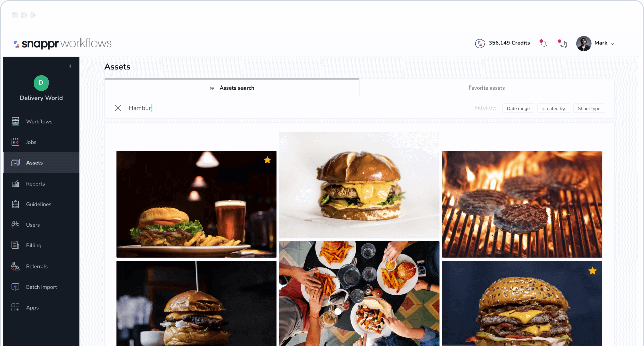 Snappr Workflows platform showing a food photo asset library with burger images and metadata tags for delivery apps