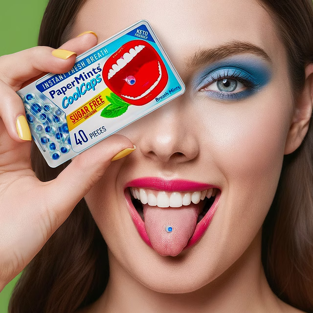 Woman with bold makeup holding Papermints product in front of a vibrant green background.