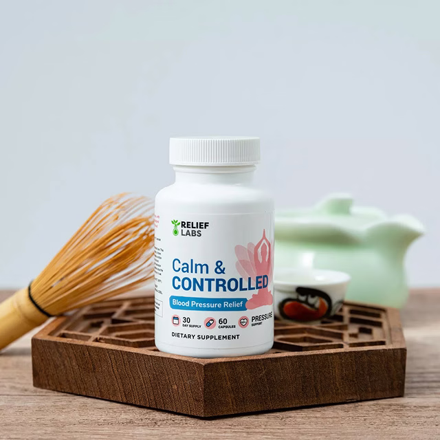 Relief Labs supplement bottle displayed in a clean wellness-focused product photography setup.