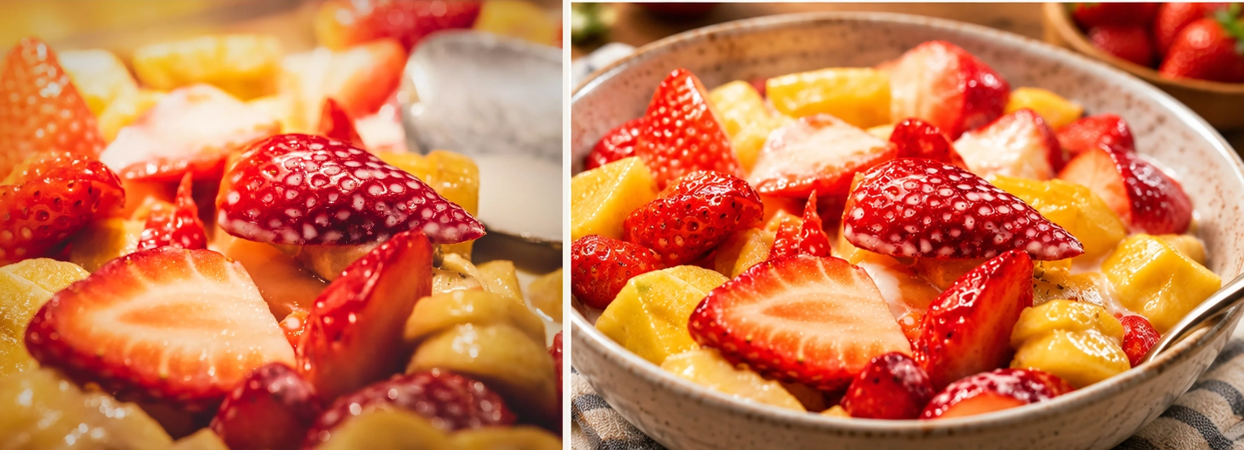Before and after AI food photography edit of a strawberry and pineapple fruit bowl