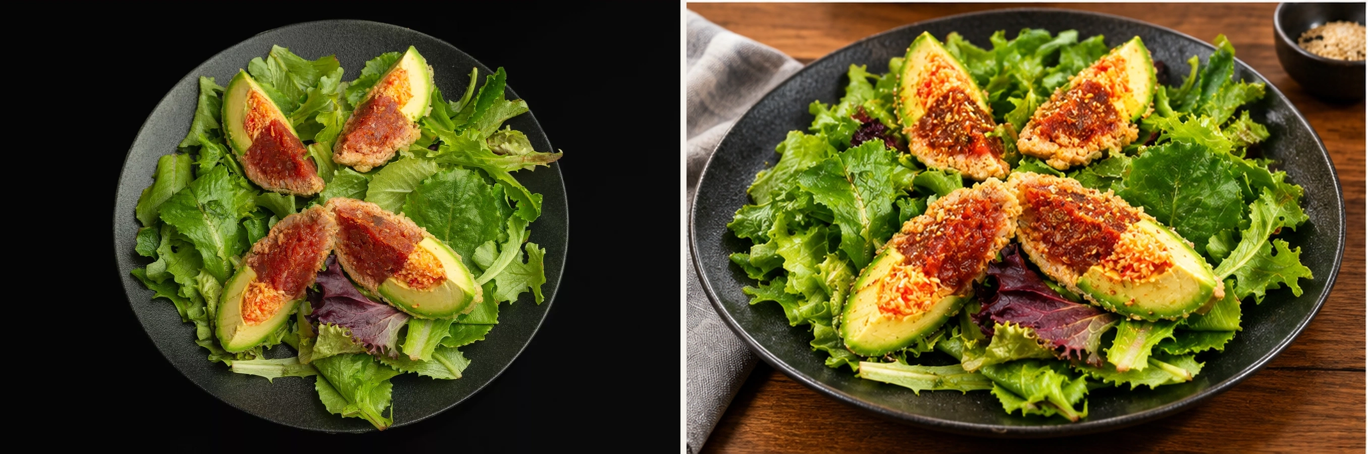 AI food photography background swap on a plate of crumbed avocado wedges with red relish