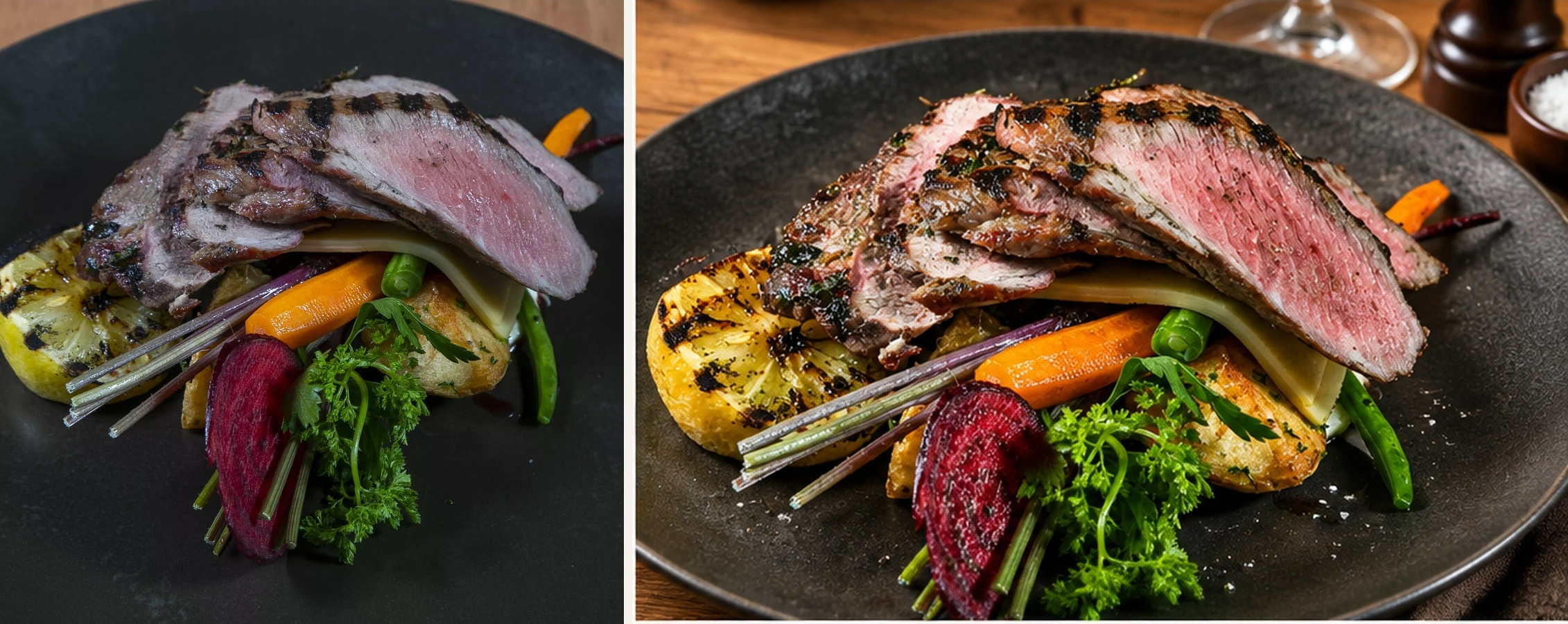 AI food photography edit of sliced medium-rare roast meat with grilled vegetables