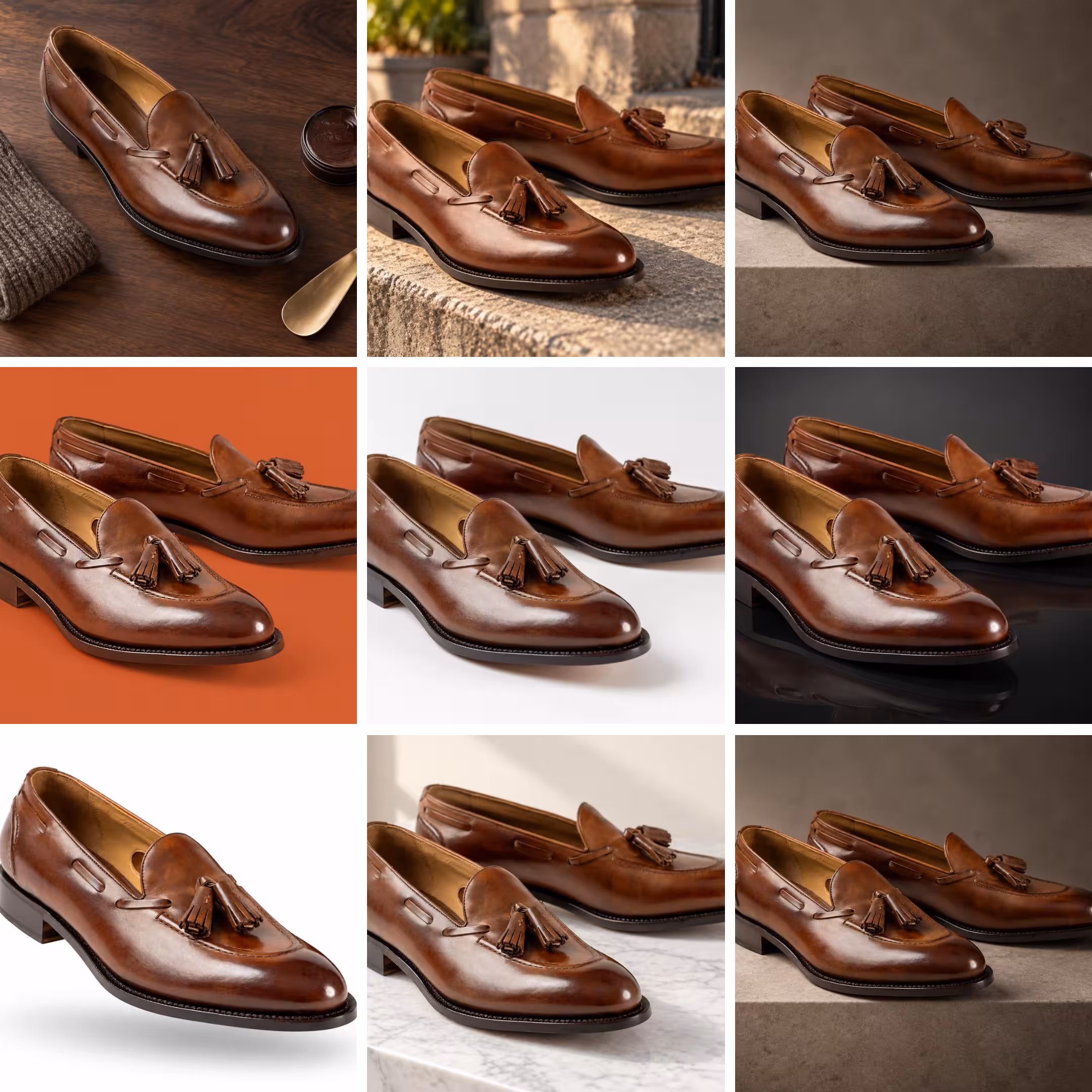 Nine Magic Studio variants of one brown tassel loafer, from styled flat-lay to white cutout