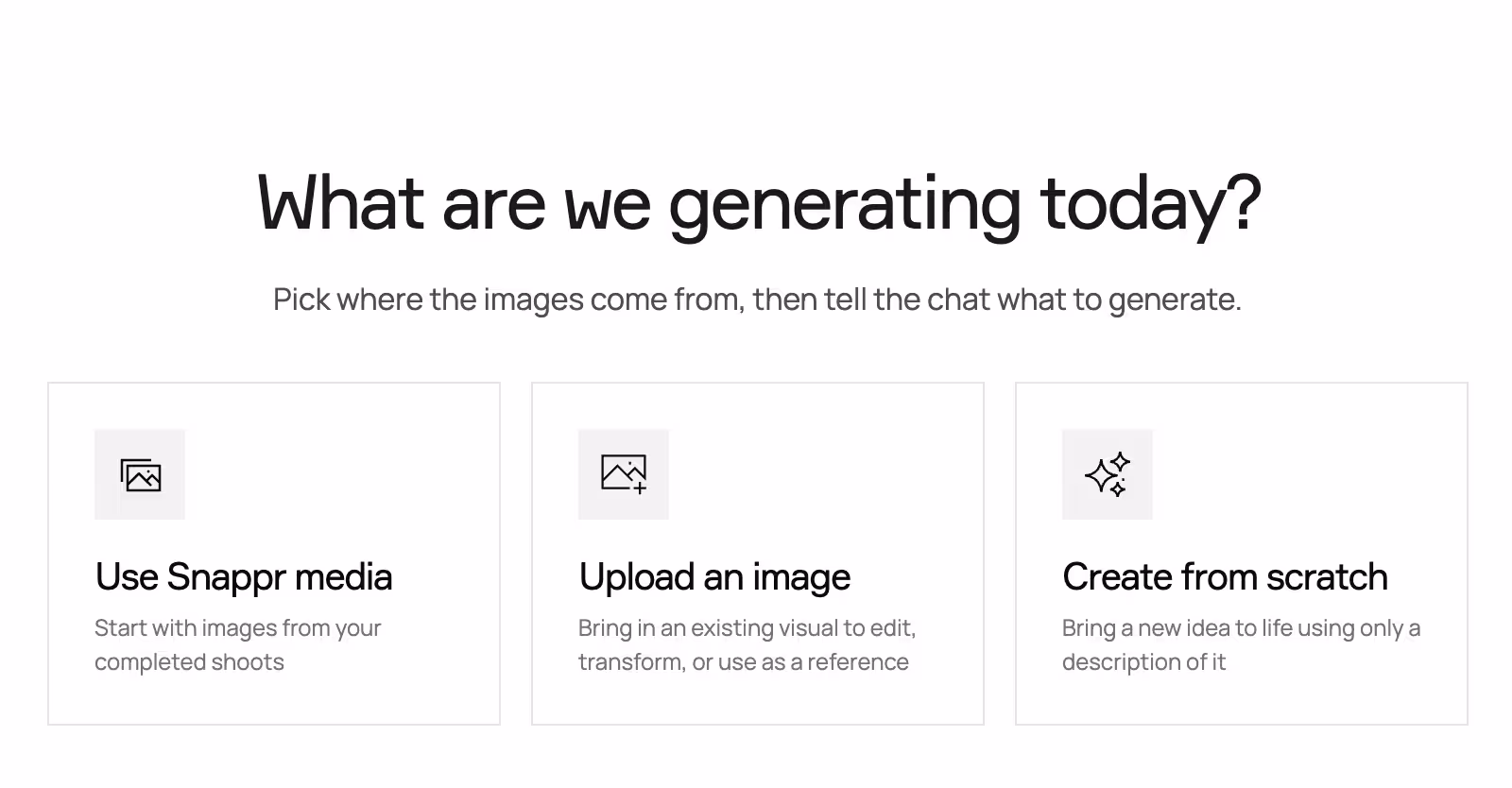 Magic Studio start screen offering Use Snappr media, Upload an image, or Create from scratch