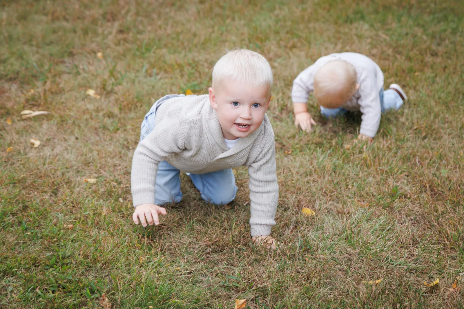 Family photo outfit ideas for toddlers: cream knit sweaters and light jeans on the grass