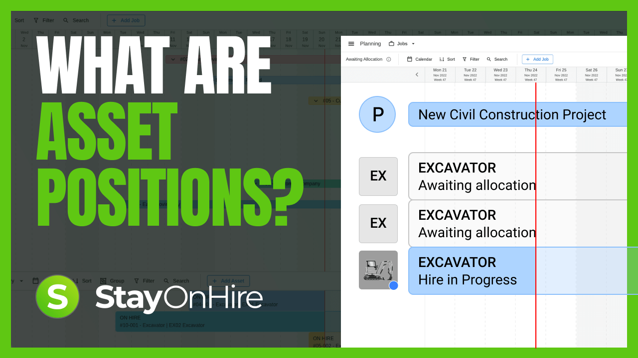 Asset Positions feature in the StayOnHire job calendar, showing unallocated asset blocks