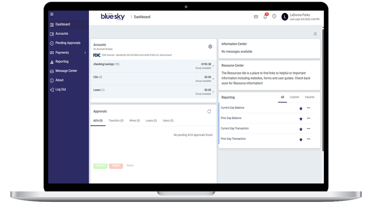 New Blue Sky Bank business banking on laptop and phone