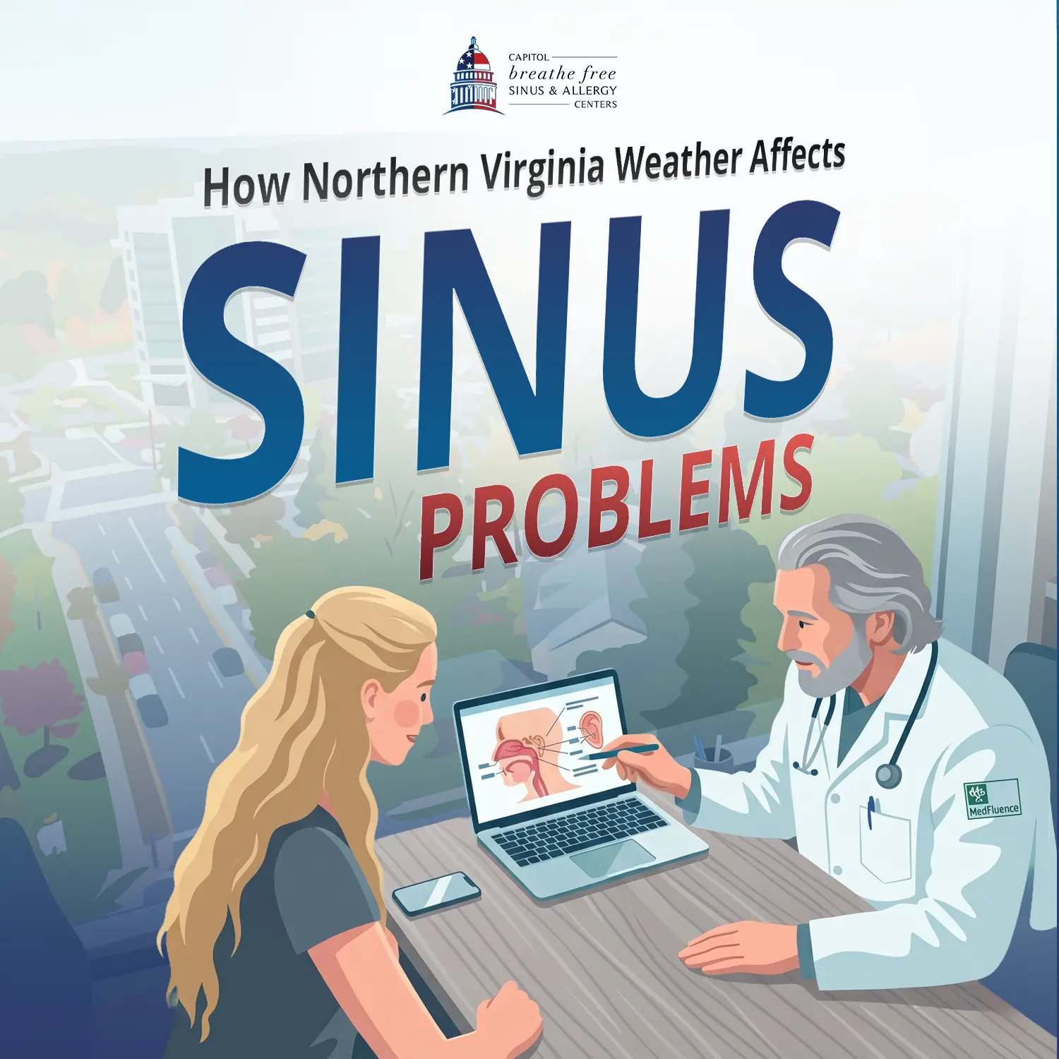 Illustration of a doctor showing a patient a sinus anatomy diagram on a laptop, with a Northern Virginia skyline in the background — Capitol Breathe Free Sinus & Allergy Centers