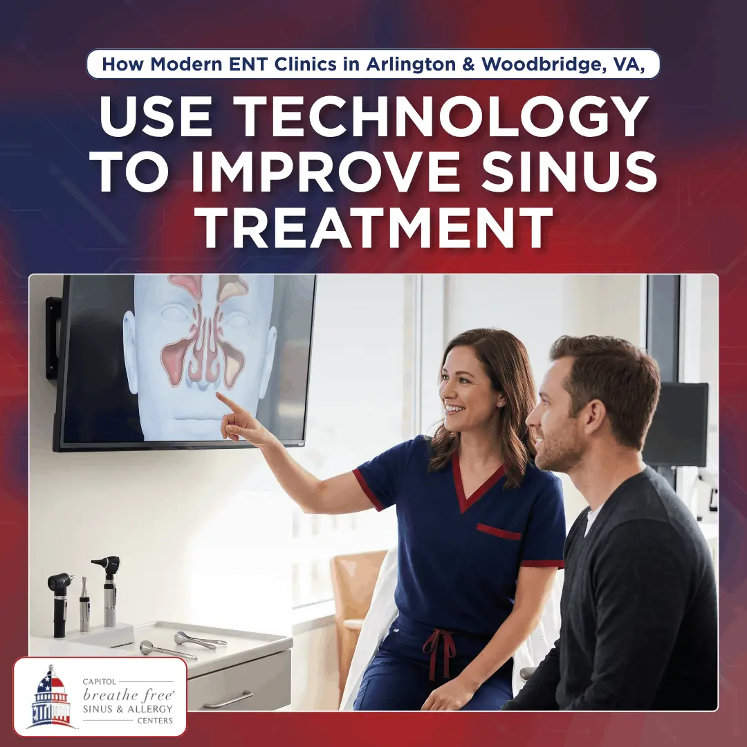 Modern ENT clinic technology for advanced sinus treatment in Arlington and Woodbridge, VA, demonstrated by a Capitol Breathe Free professional explaining a diagnostic scan to a patient.