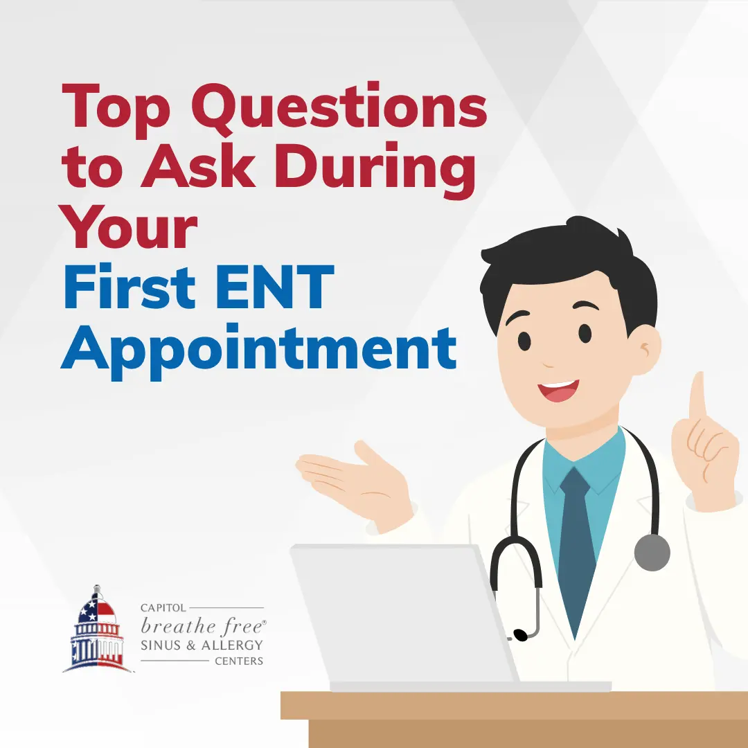 Illustrated ENT doctor at a desk raising a finger while explaining information — Capitol Breathe Free Sinus & Allergy Centers, Arlington & Woodbridge, VA