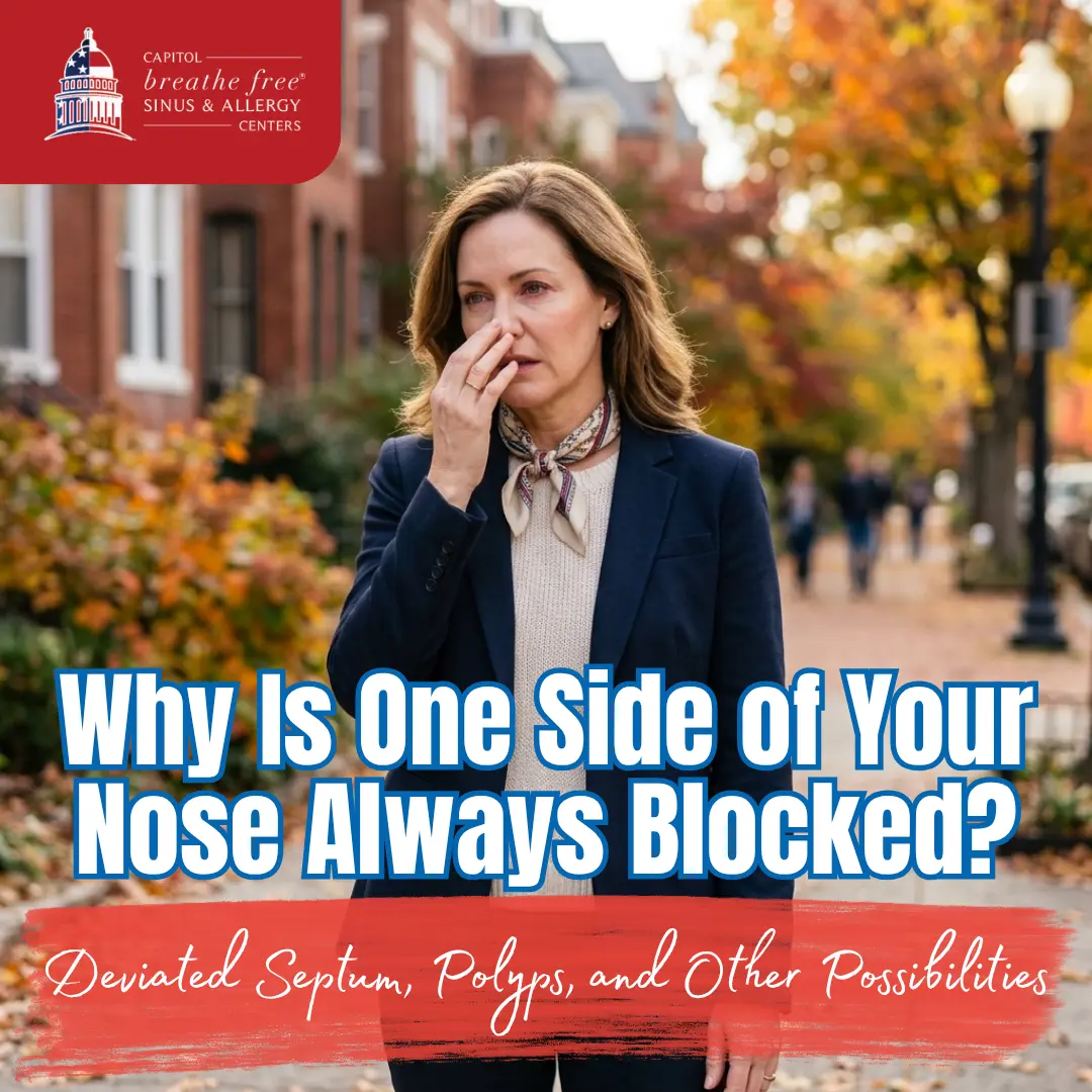 Woman touching the side of her nose while standing on a tree-lined Arlington street in autumn — Capitol Breathe Free Sinus & Allergy Centers