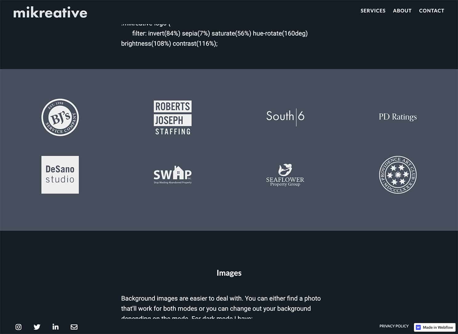 Client logo section of the homepage showing whith logos on a dark blue/grey background.