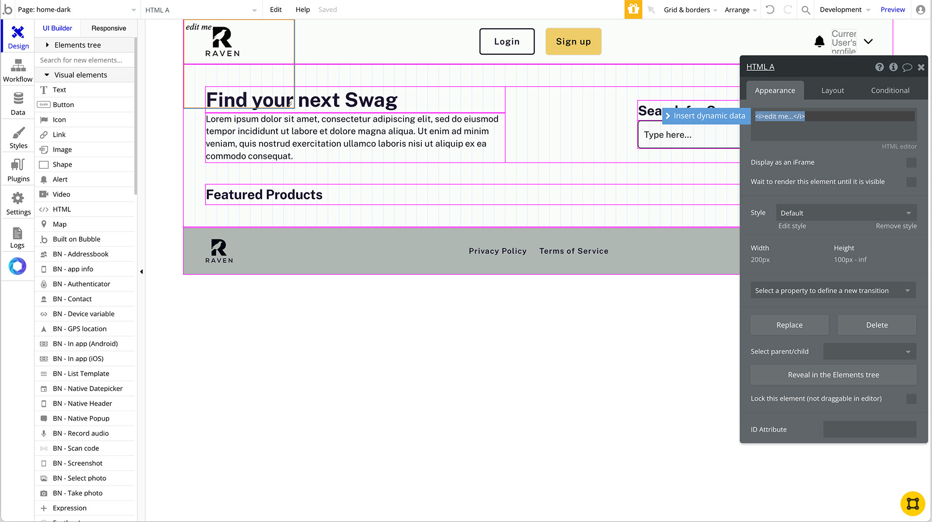 In the Bubble designer I popped an HTML element on the page. It is open to the appearance tab. Under the "edit me" box there is a tiny little link to open the HTML editor. 