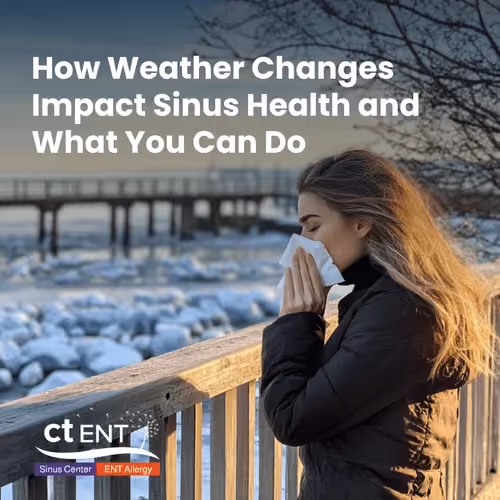 Person on a snowy bridge with text about sinus health and weather changes.