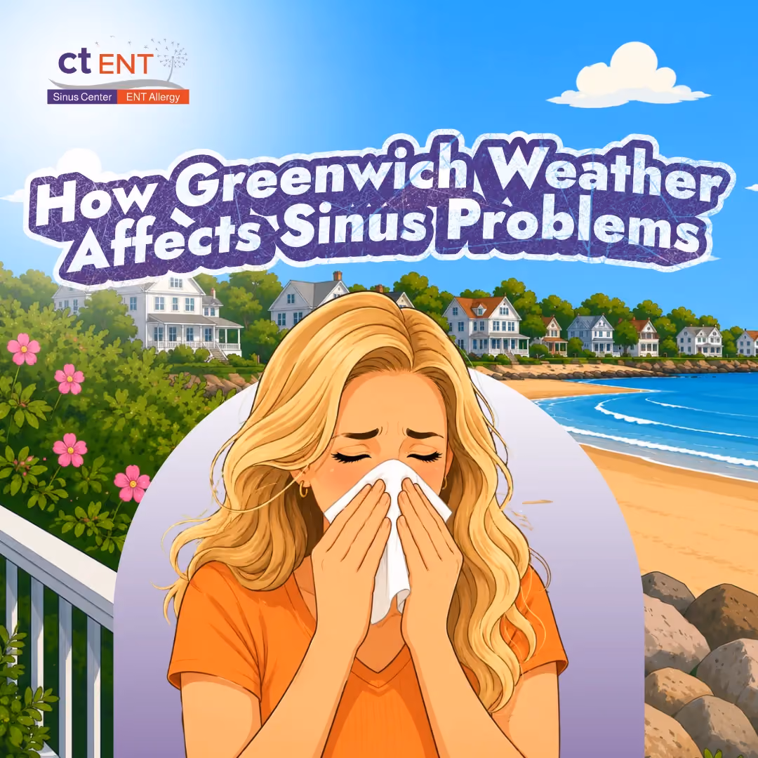 Graphic titled "How Greenwich Weather Affects Sinus Problems" featuring an illustrated woman blowing her nose with a tissue while seated outdoors near a coastal neighborhood and beach. The scene includes houses, flowers, and a shoreline under a bright sky, illustrating the connection between local weather conditions and sinus symptoms. The CT ENT Sinus Center and ENT Allergy logo appears in the upper-left corner.