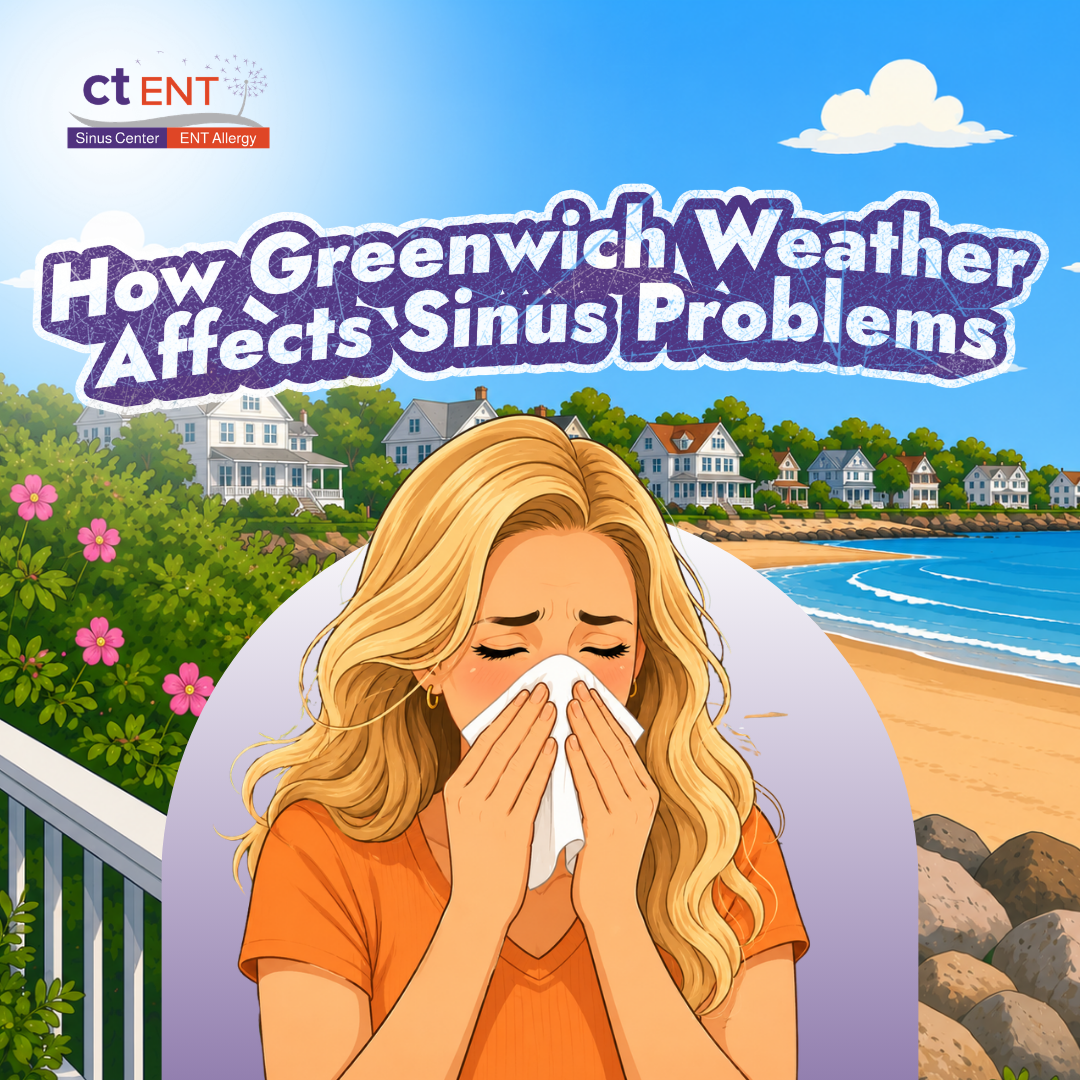Graphic titled "How Greenwich Weather Affects Sinus Problems" featuring an illustrated woman blowing her nose with a tissue while seated outdoors near a coastal neighborhood and beach. The scene includes houses, flowers, and a shoreline under a bright sky, illustrating the connection between local weather conditions and sinus symptoms. The CT ENT Sinus Center and ENT Allergy logo appears in the upper-left corner.