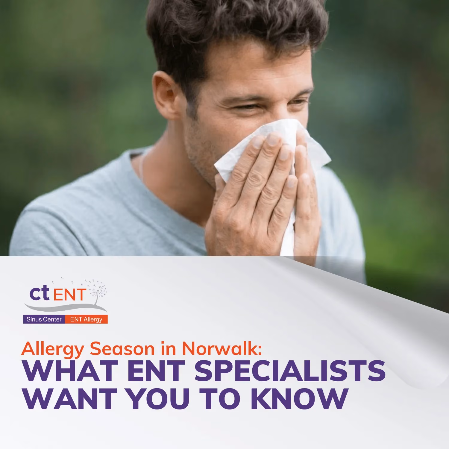 Man blowing his nose with a tissue outdoors during seasonal allergy flare-ups.