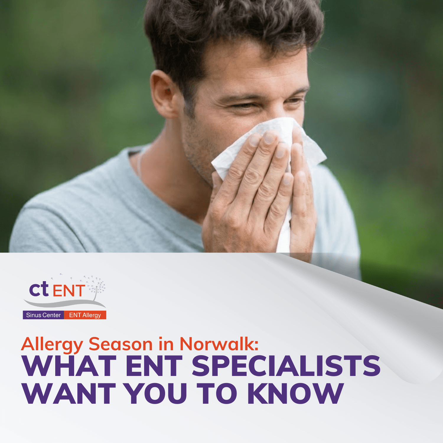 Man blowing his nose with a tissue outdoors during seasonal allergy flare-ups.
