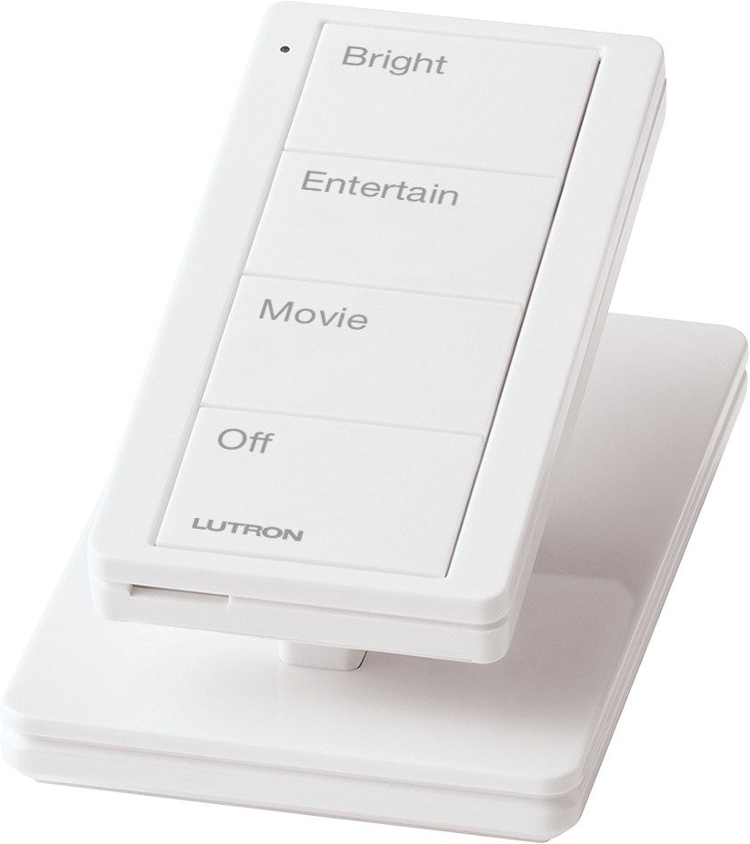 Lutron Pico remote on a pedestal in a family room