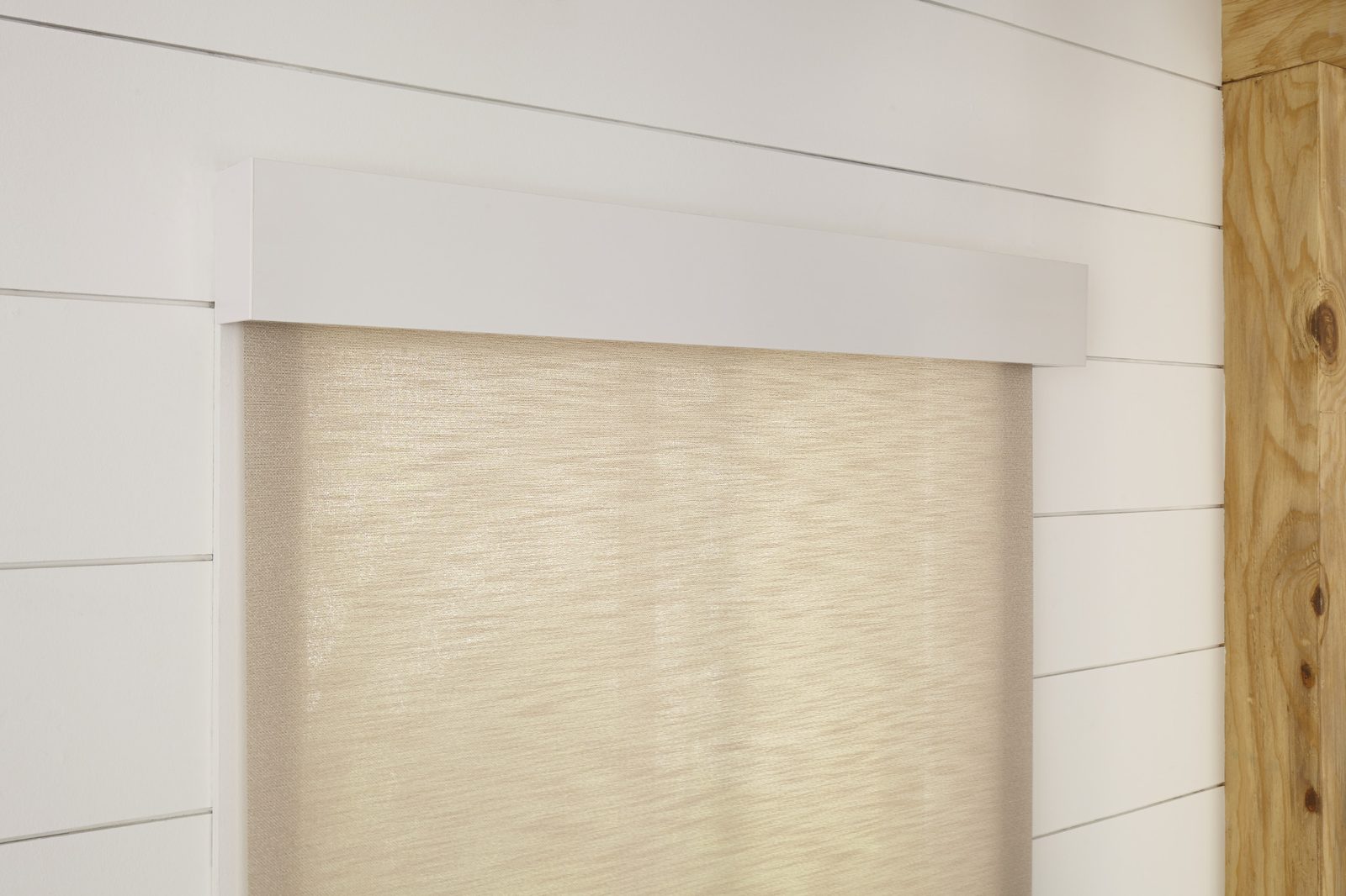 Lutron shade fascia detail with Boucle stone fabric