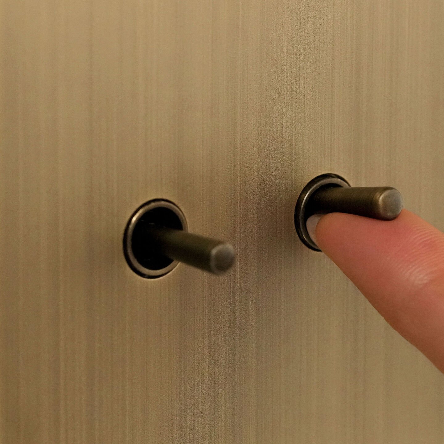 Close detail of a Lutron Aviena weighted mechanical toggle being pressed