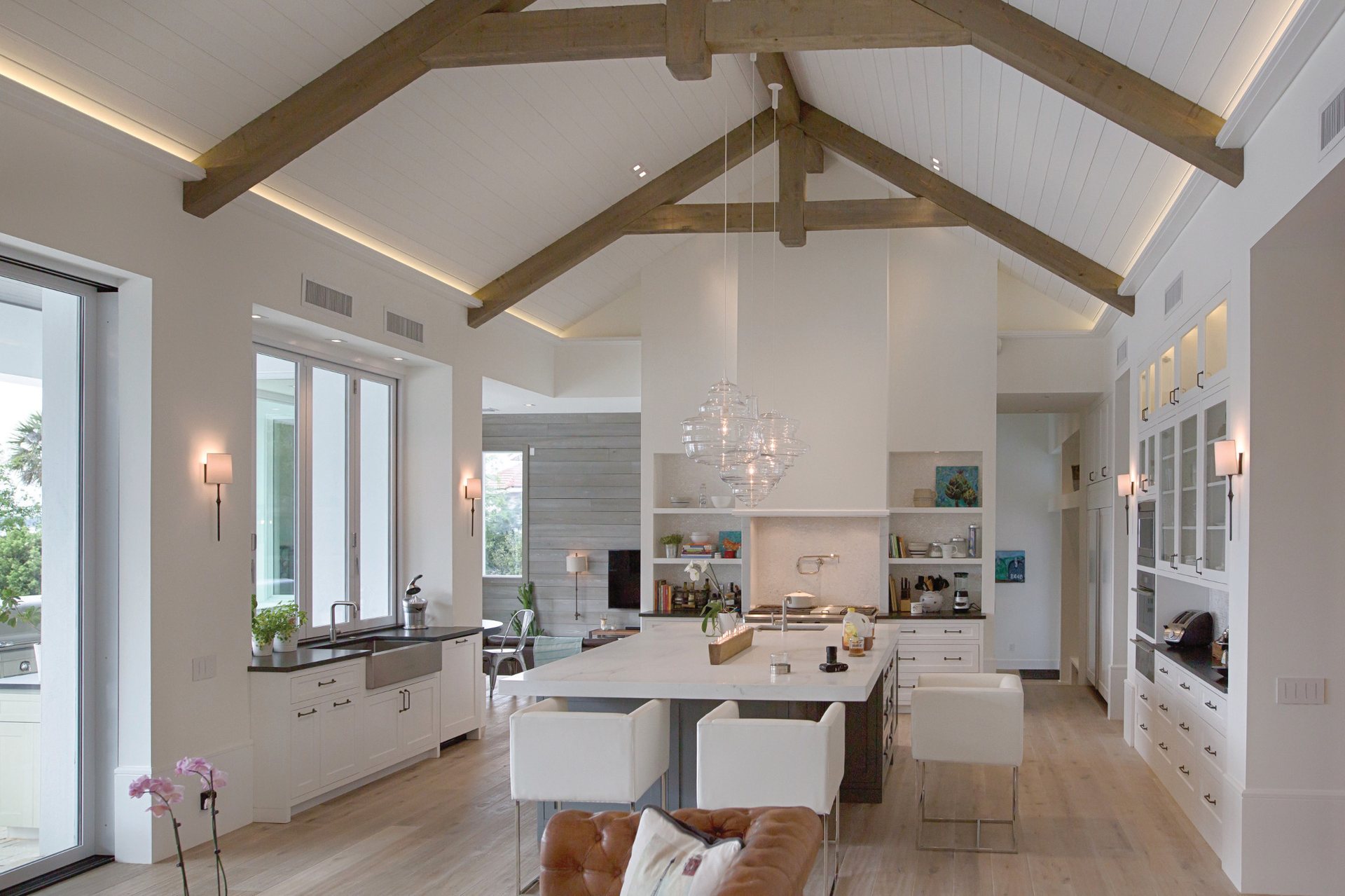 The same kitchen under a dimmed evening lighting scene