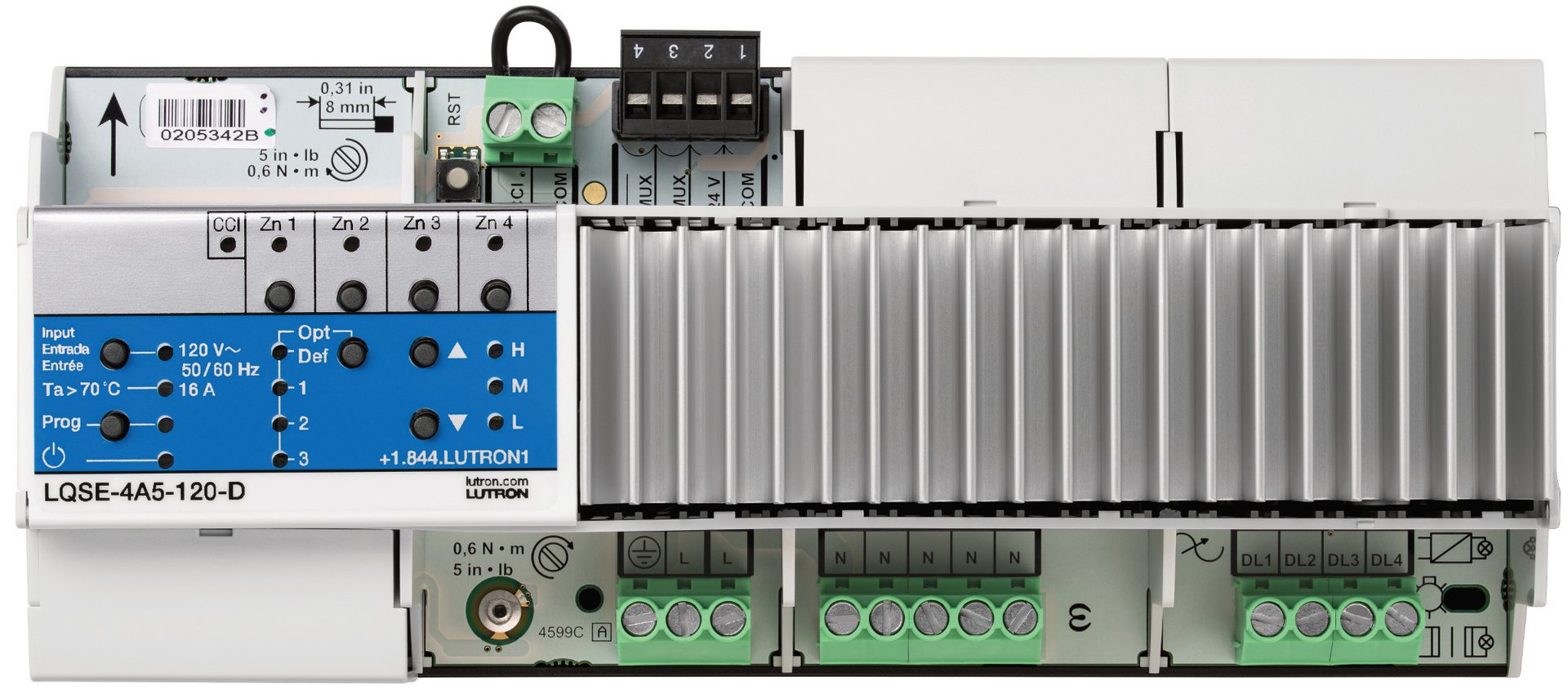 Lutron HomeWorks QS LQSE-4A5-120-D DIN rail dimming module with heatsink