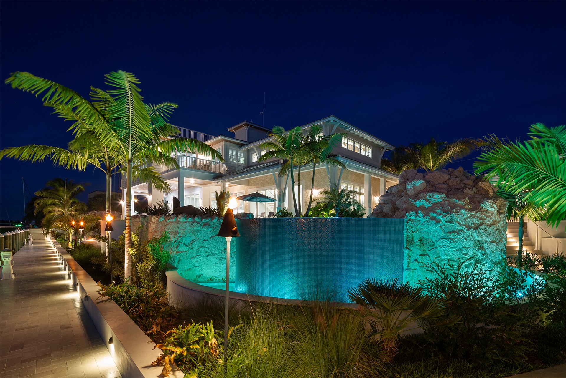 Outdoor landscape and water feature lighting designed for exposed estate environments
