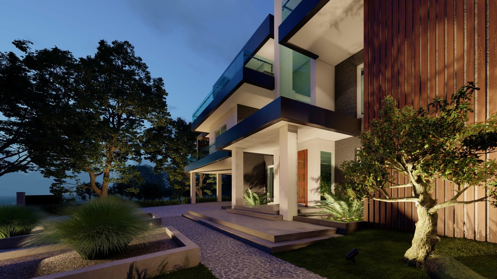 Luxury estate entry landscape illuminated for arrival, security and outdoor connectivity