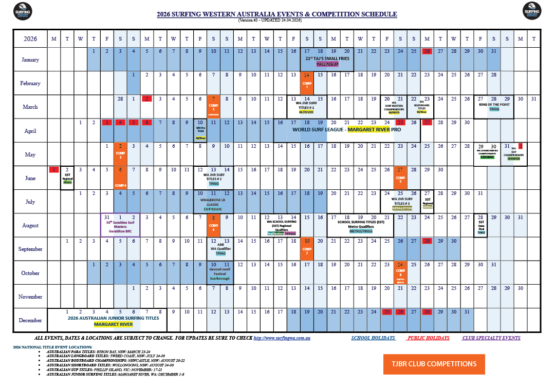 2026 Surfing WA Competition Schedule Calendar - Trigg Jr Boardriders