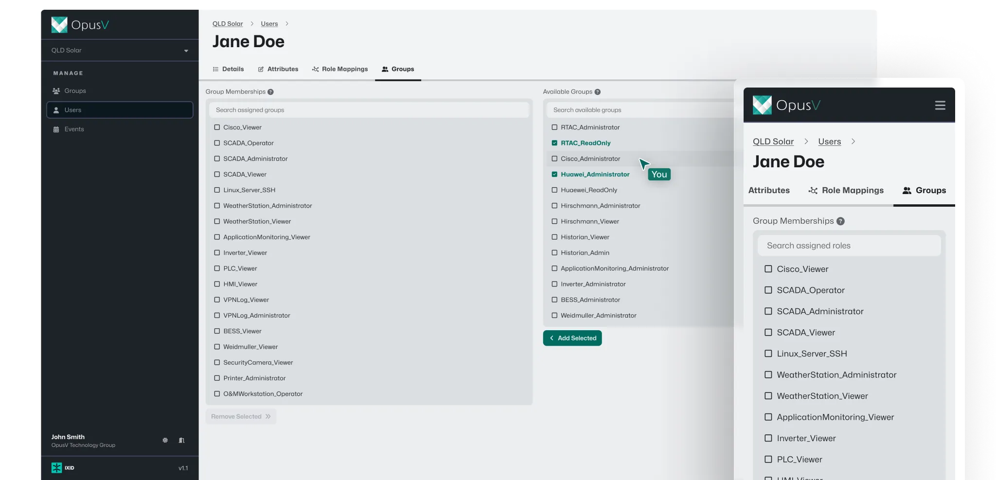 A view of the IXID dashboard editing the access of a user named Jane Doe on both mobile and desktop