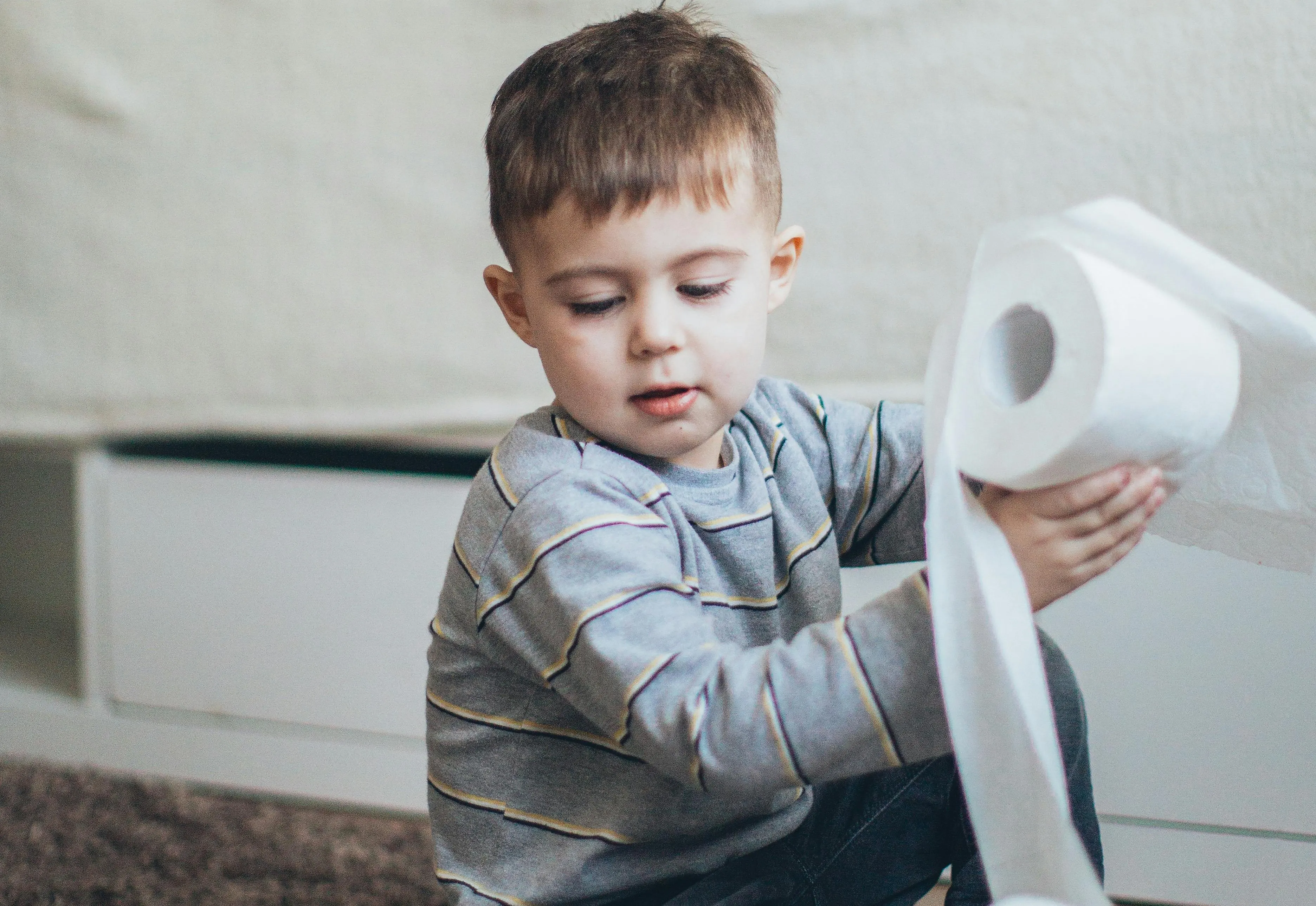 Small boy playing with roll of toilet paper