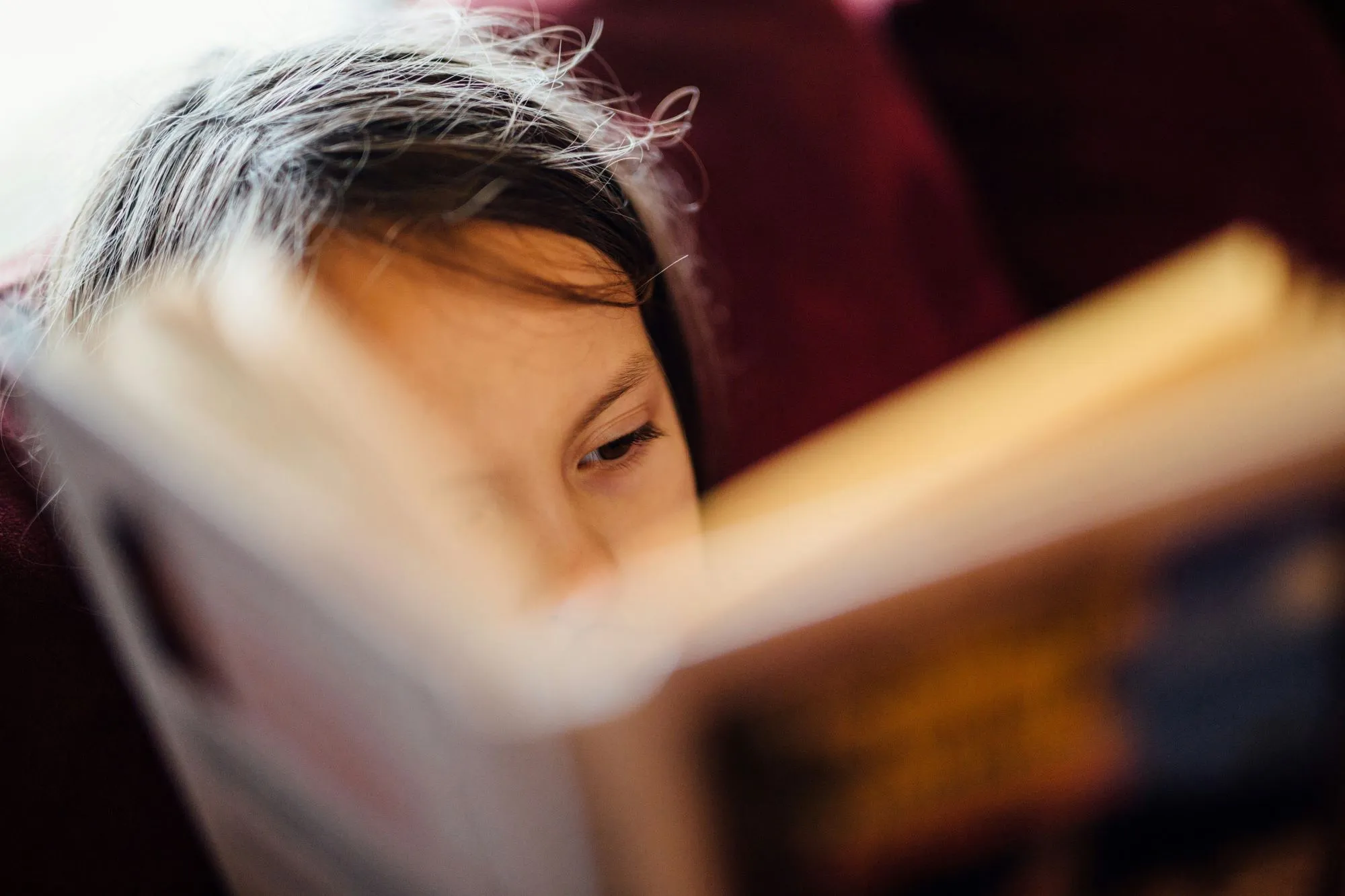 Child reading a book, up close