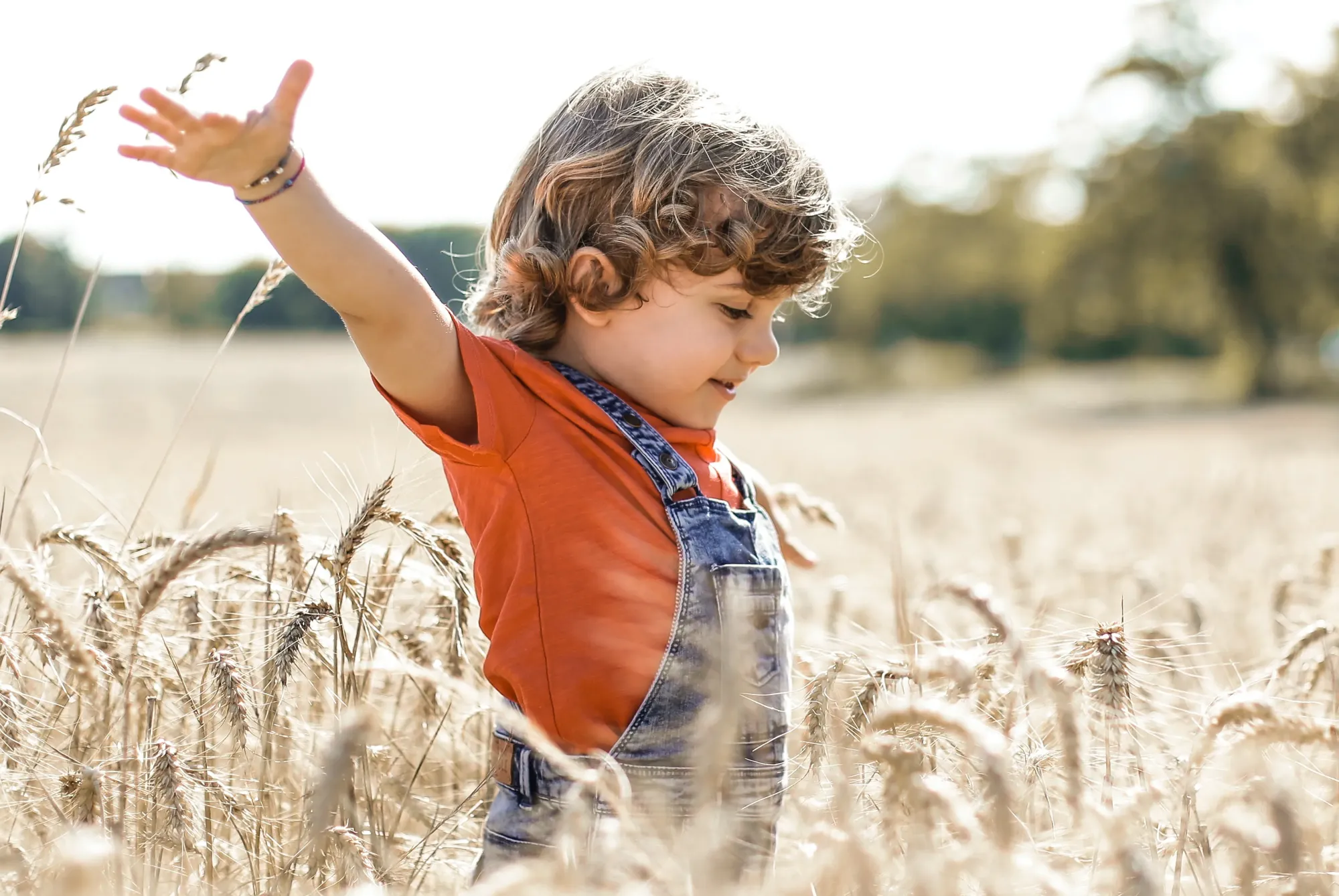 A child in a field flapping their hand