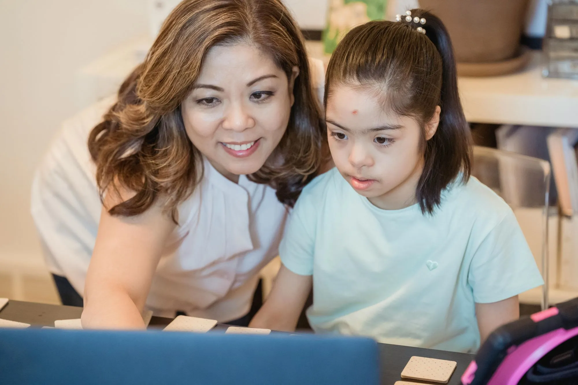 A woman and a child sit at a computer together