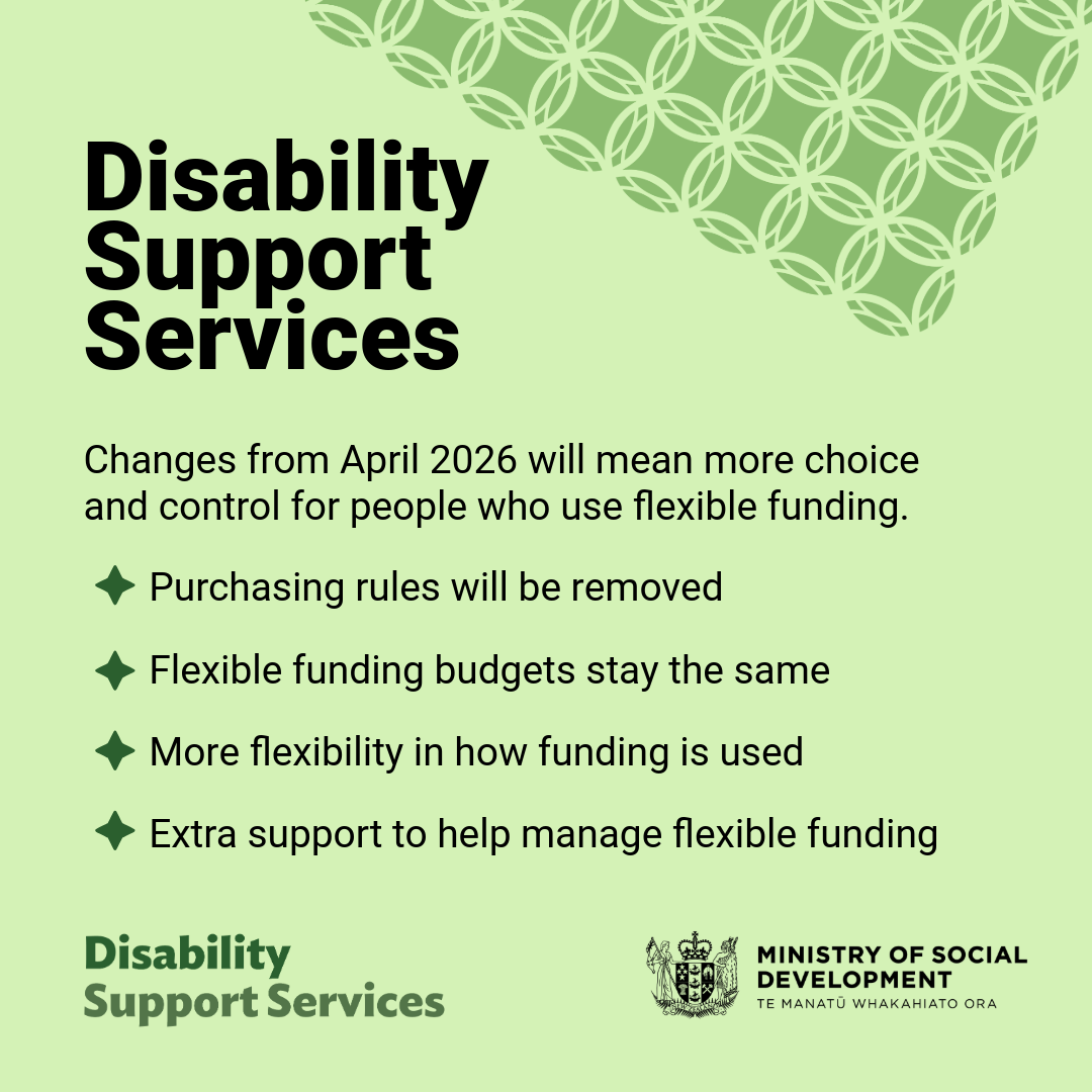Information tile about Disability Support Services changes. Text says: Disability Support Services. Changes from April 2026 will mean more choice and control for people who use flexible funding. Purchasing rules will be removed. Flexible funding budgets stay the same. More flexibility in how funding is used. Extra support to help manage flexible funding.    The information appears on a light green background with star icons next to each point. Disability Support Services and Ministry of Social Development logos appear at the bottom of the tile.