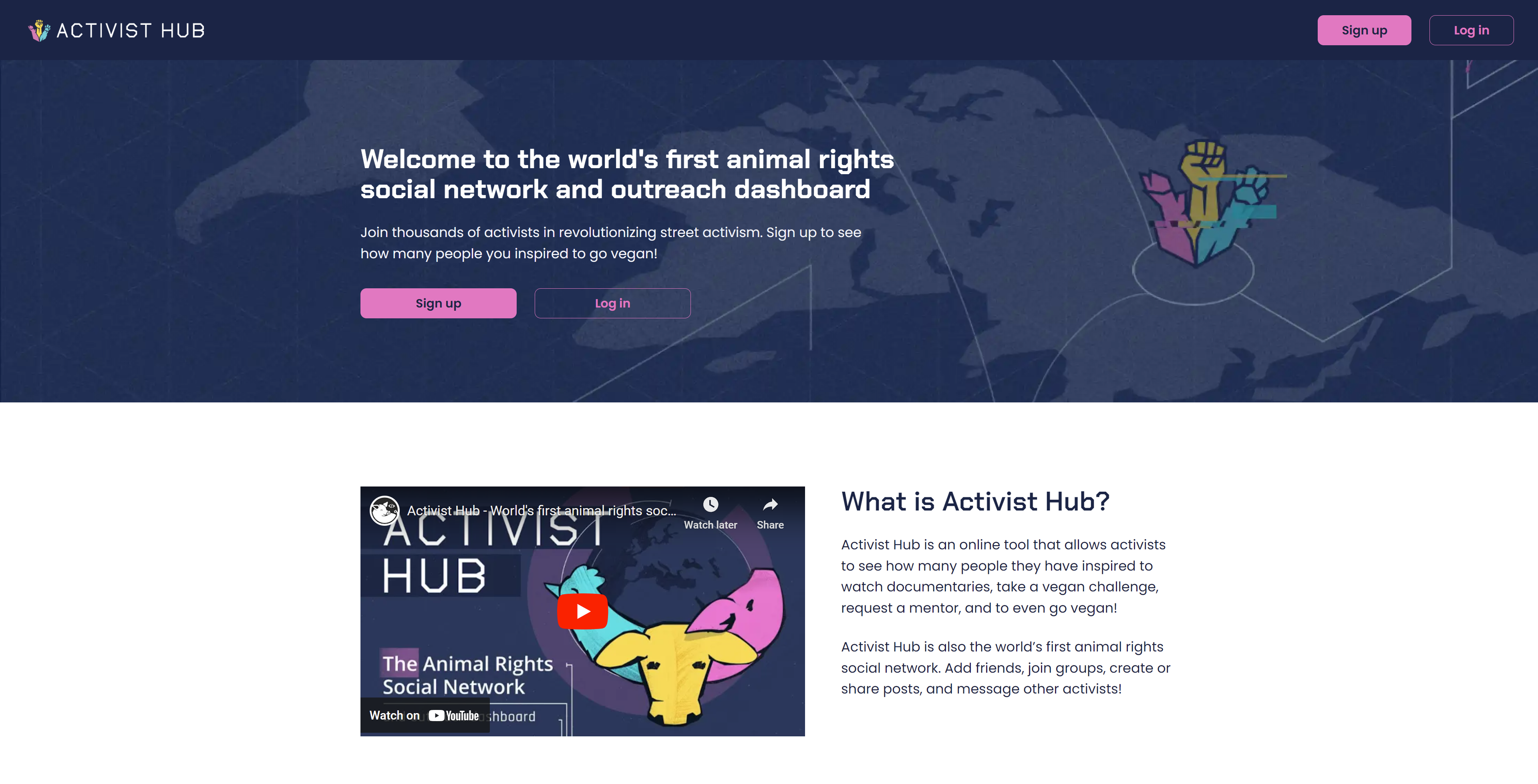 The landing page for Activist Hub. Across the top, it says "Welcome to the world's first animal rights social network and outreach dashboard"