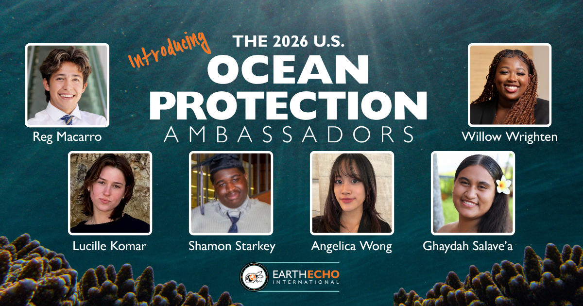 Six Ocean Protection Ambassadors are featured in an undersea photo of coral and deep blue waters. 