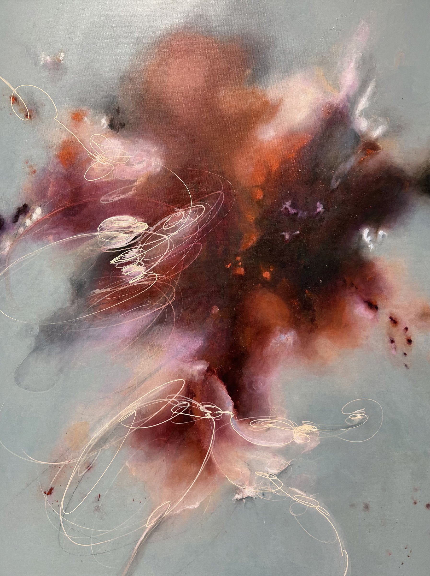 rs.colorstudy0926 by Rae Stone, abstract painting in deep red, rust and pink on a pale blue-grey ground, 36 x 48 in., 2026