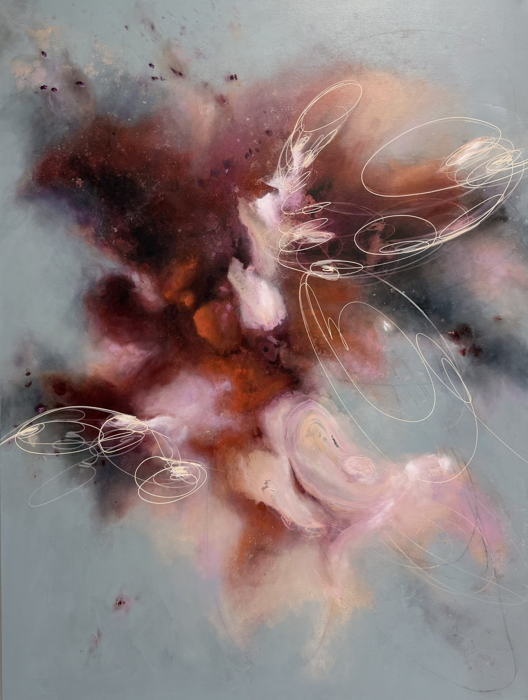 rs.colorstudy0926 by Rae Stone, abstract painting in burgundy, rust and blush with white line work on a pale blue-grey ground, 36 x 48 in., 2026