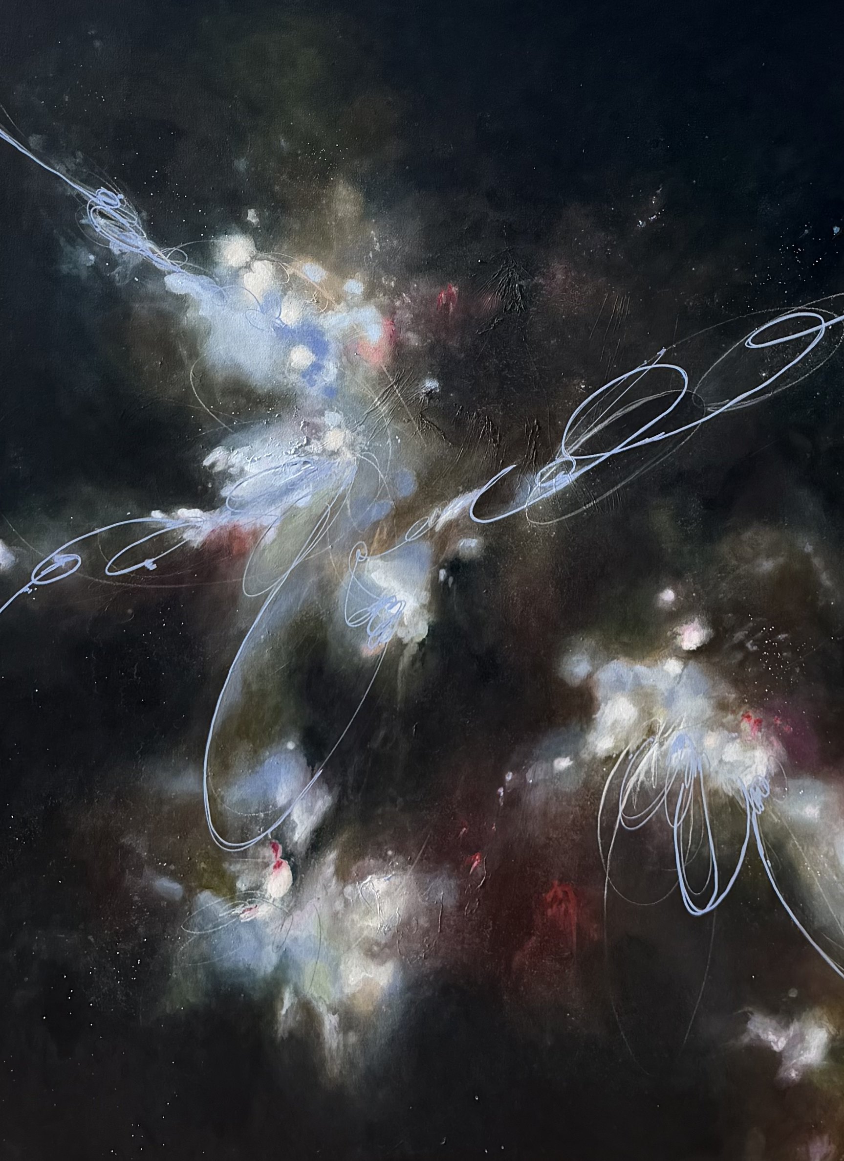 rs.colorstudy0926 by Rae Stone, abstract painting in white and pale blue on a dark ground, 36 x 48 in., 2026