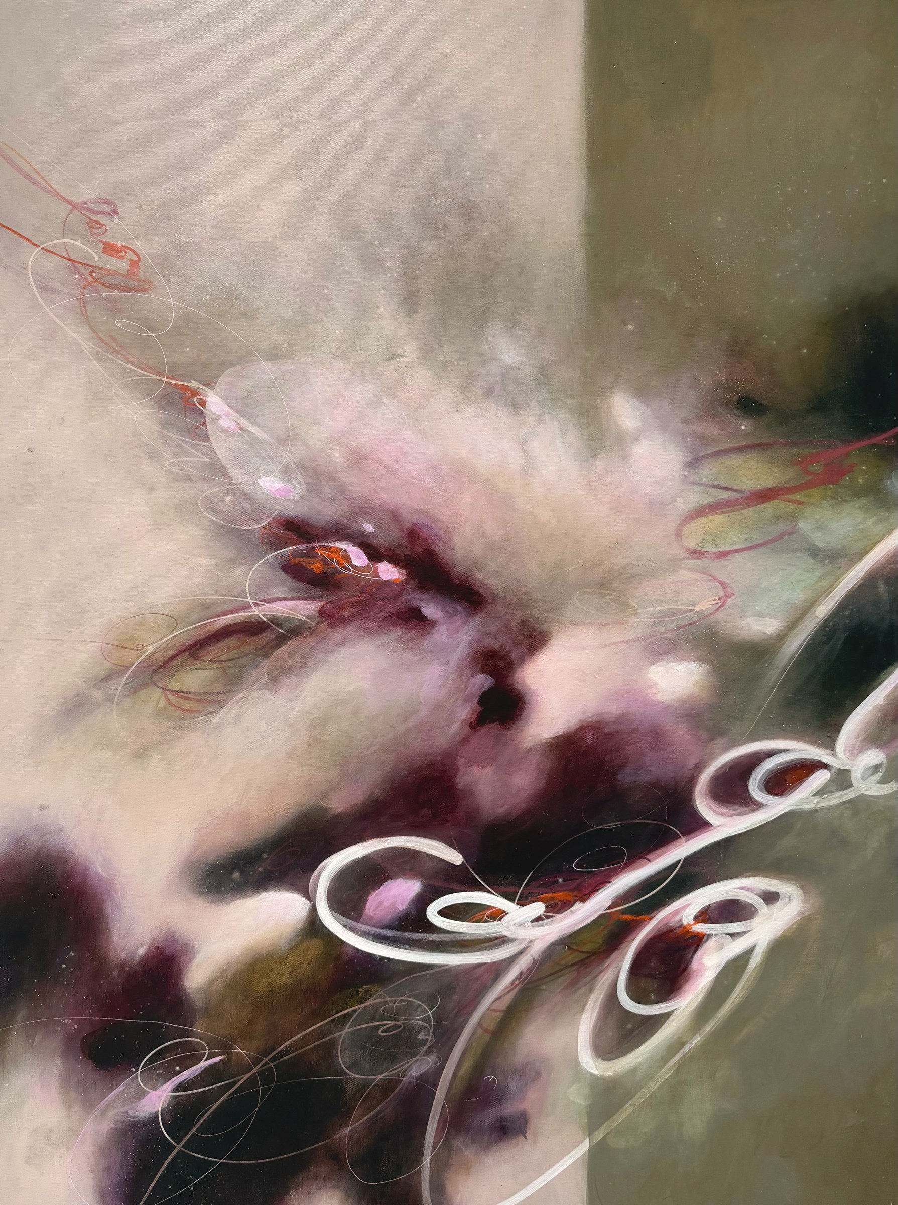 rs.colorstudy0426 by Rae Stone, left panel of a pair: abstract painting in soft pink, plum and white line work on a pale ground with an olive field at right, 36 x 48 in., 2026