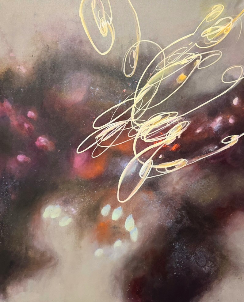 rs.colorstudy0326 by Rae Stone, twin to pluminlowlight: abstract painting in plum, rose and charcoal with cream line work on a warm grey ground, 24 x 30 in., 2026