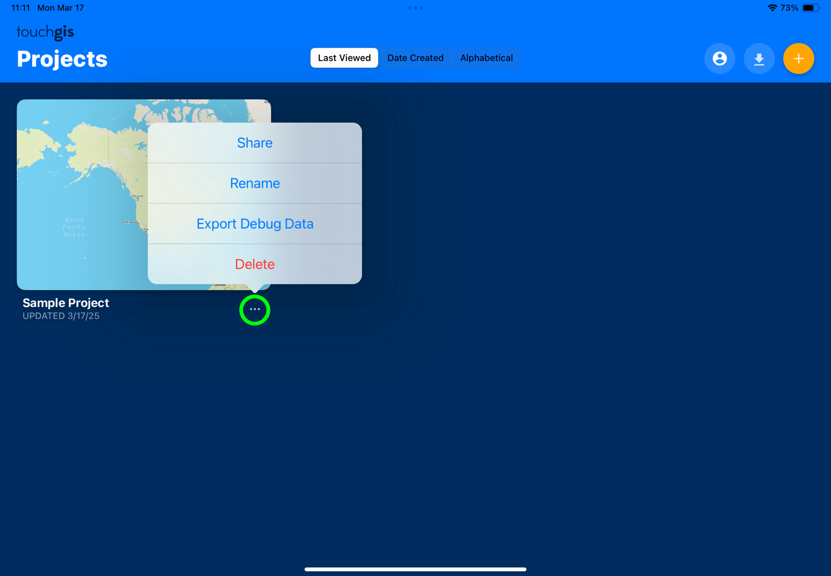 Touch GIS Project Management screen with Project Options (Share, Rename, Export Debug Data, Delete) shown.