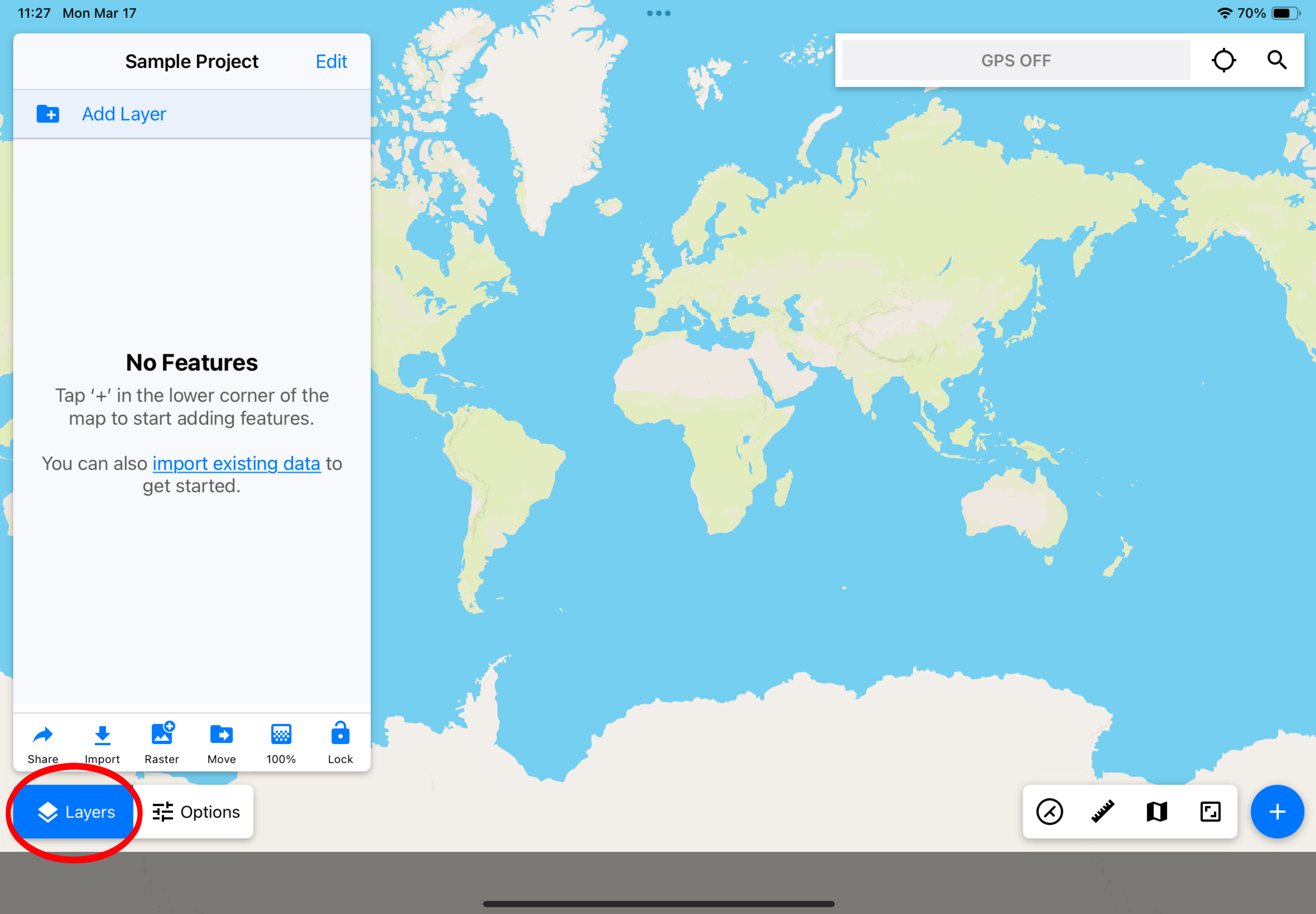 Sample Touch GIS project with Layers panel open and Layers button circled in red.