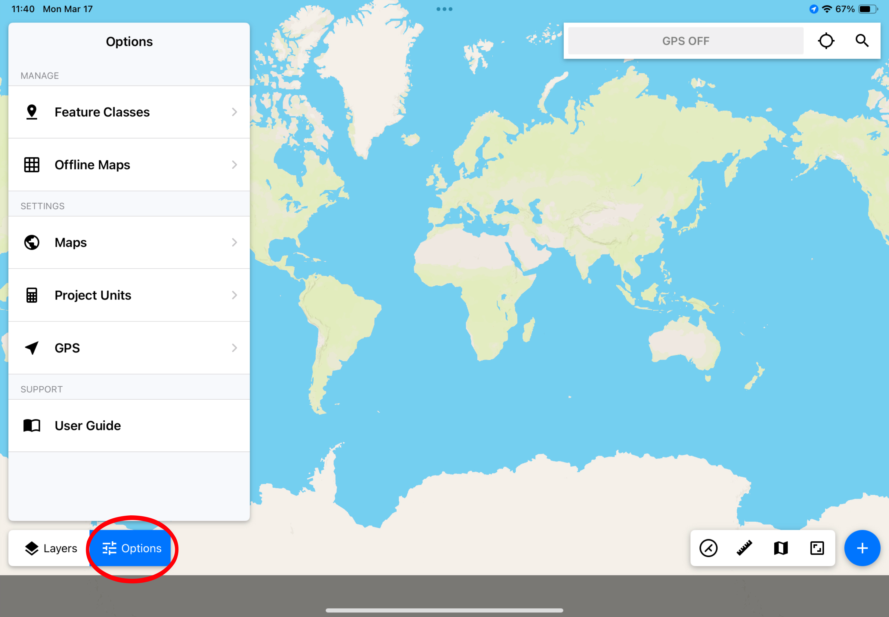 Sample Touch GIS project with Layers panel open and Layers button circled in red.