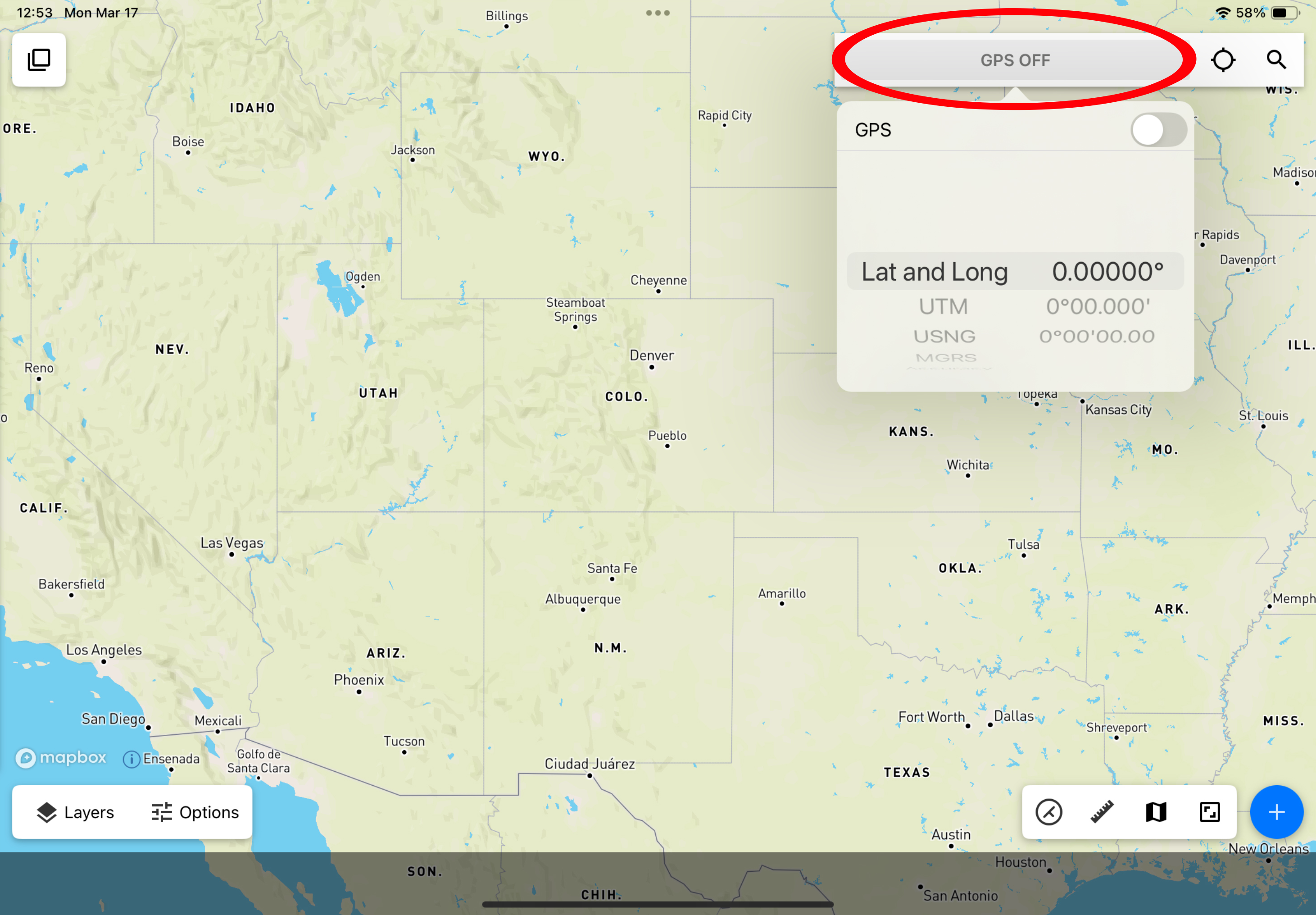 Sample Touch GIS project with GPS Readout Options panel open and circled in red.