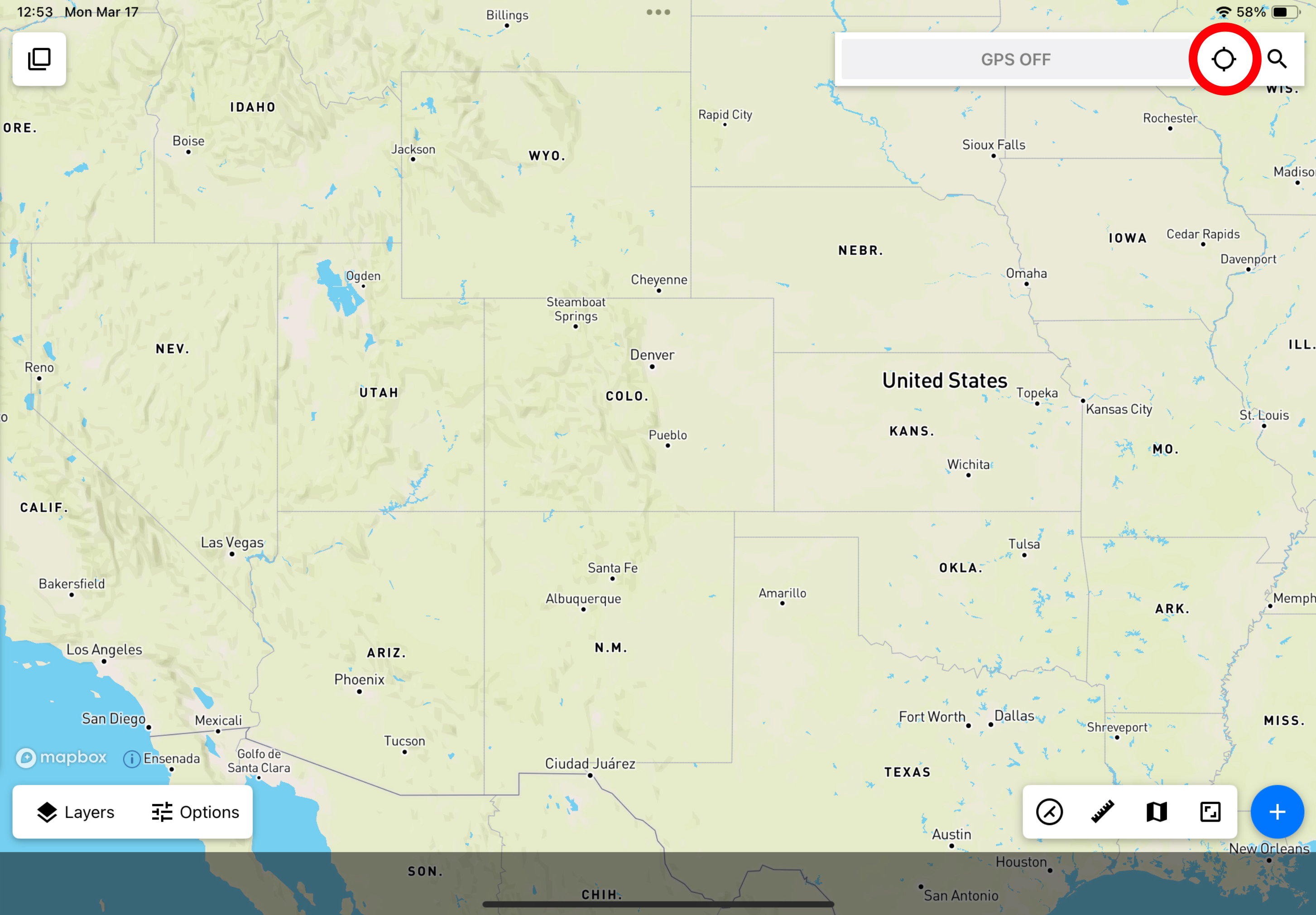 Sample Touch GIS project with the Locate Me button circled in red.